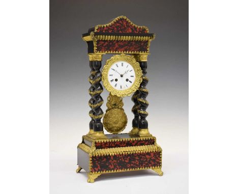 19th Century French red tortoiseshell and ebonised portico clock, Samuel Marti &amp; Cie, with 3.75-inch white Roman dial, th