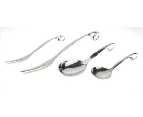 Georg Jensen – Four silver flatware pieces, pattern no. 21 ‘Ornamental Blossom’ comprising large caddy spoon, import marks fo