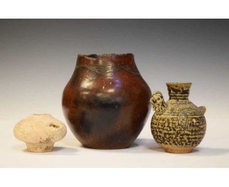 Southern African clay pot (Lefiso), Sotho, for sorghum beer or water, of bulbous form with incised decoration to neck, 16cm h