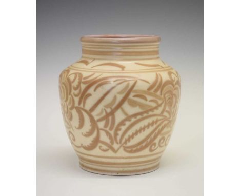 Carter, Stabler &amp; Adams Poole Pottery vase of shoulder form with stylised floral decoration in faun on a cream ground, im