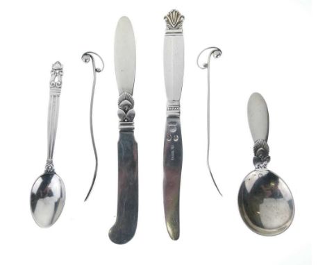 Georg Jensen – Six flatware pieces, comprising: 'Cactus’ pattern caddy spoon and butter knife, the latter with import marks f