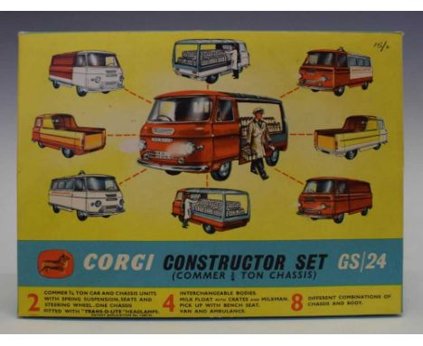 Corgi Toys - Constructor Set Gift Set No.24, complete with both chassis/cabs, four bodies, milk crates, milkman figure, bench