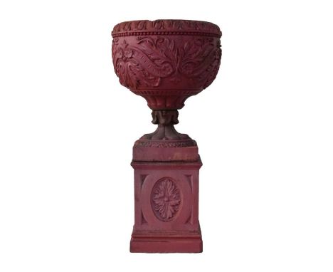 Accrington Nori Brick and Tile Co. Ld. - Late Victorian or Edwardian stoneware jardinière and pedestal, the former with folia