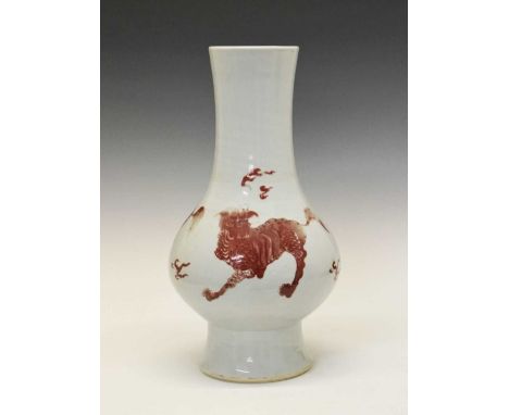 Large 19th Century Chinese copper-red vase, yuhuchunping on tall flared foot, decorated with three qilin / kylin, unmarked, 4