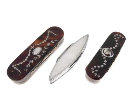 Three late Georgian toothpick cases, comprising two inlaid tortoiseshell, the first with piquéwork swag decoration and oval c