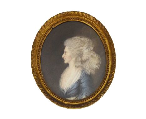 19th Century oval pastel - Portrait of a lady in a blue dress, 24cm x 19cm, in gilt frame