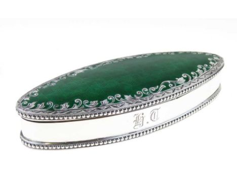 Edward VII silver and enamel pin case, of slightly domed navette form with green enamel decoration over hatched chequered gro