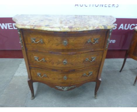 A French Louis XV style mahogany, rosewood and marquetry inlaid commode, with marble top