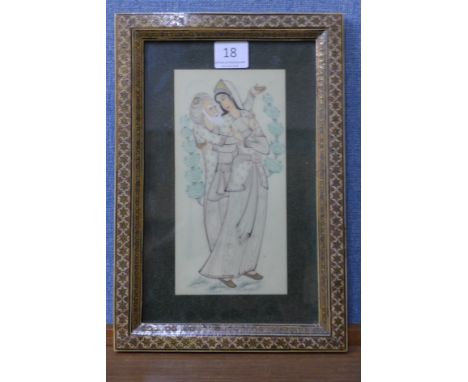A small Indo-Persian painting, portrait of two figures, framed