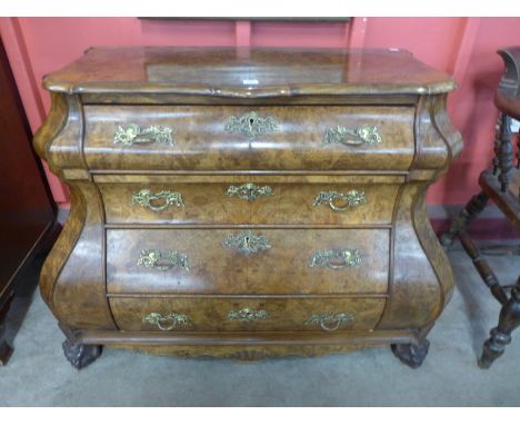 A Dutch burr walnut bombe commode