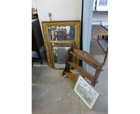 Two gilt mirrors, beech wall shelf and print