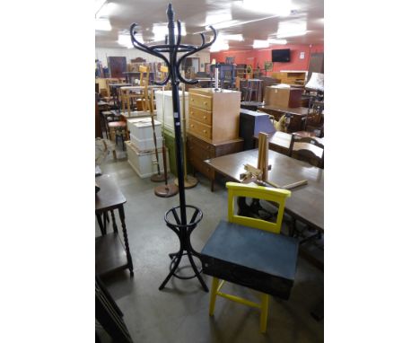 A bentwood coat stand, painted chair, case and a small easel