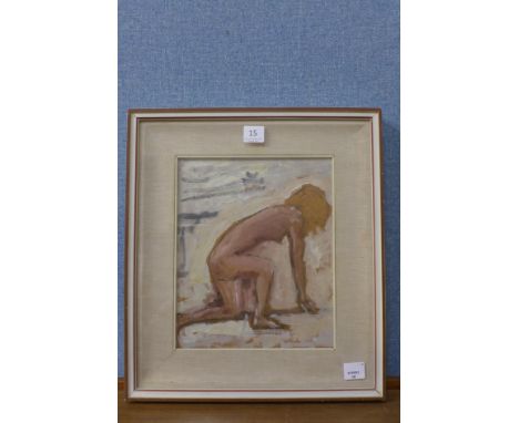British School (1970's), portrait of a kneeling nude, oil on board, 37 x 42cms, framed