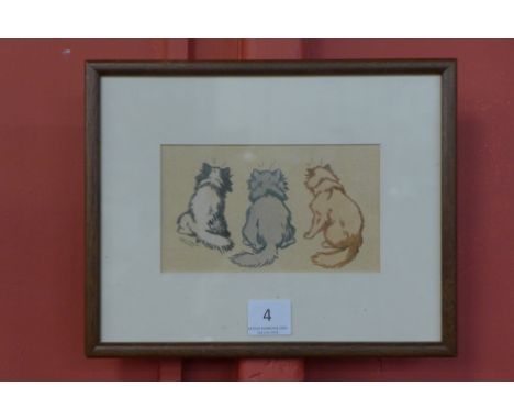 Manner of Louis Wain (1860-1939), small pen & ink sketch of three cats, bearing signature, framed