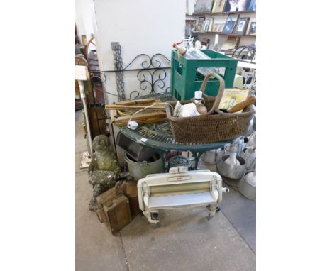 A wrought iron gate, aluminium garden table, Acme mangle, galvanised bucket, etc.