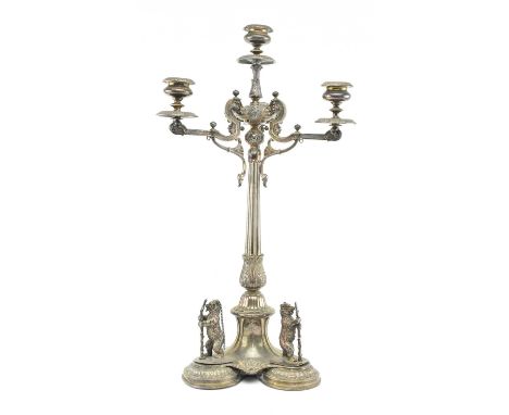 A 19th century silver plated large three branch candelabra. Raised on a trefoil base having three large dancing bears and pol