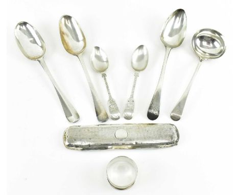 A collection of hallmarked silver spoons. The lot to include two early 19th century Irish Dublin table spoons, hallmarked Lon