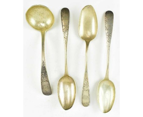A collection of three 19th century American silver 925/1000 marked table serving spoons by Kirk &amp; Son. Together with a la
