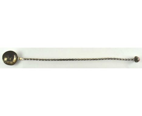 A hand-made silver twisted cocktail stirrer / spoon with a pink stone on top. Marked Kaowe Silver &amp; hand-made.Measures ap