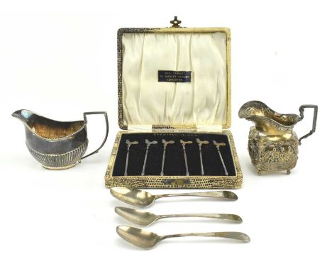 A collection of hallmarked silver pieces. The lot to include a vintage cased set of six pieces sterling silver cocktails stic