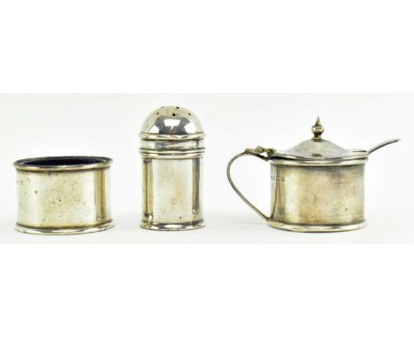 Three-piece silver hallmarked condiment set. The set to include a mustard pot, a salt cellar and a pepperette. Hallmarked yea