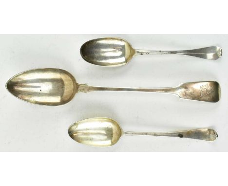 A collection of three hallmarked silver spoons. To include one George III spoon hallmarked to London, 1766. Sponsor's mark ap