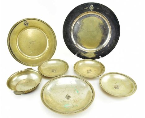 A collection seven of 1950s C.C. Hermann Copenhagen, Denmark silver pieces. The lot to include an 11" silver plate, engraved 