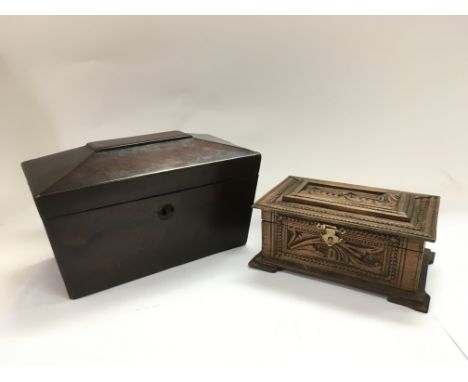 A small antique tea caddy, approx height 12cm and a carved wooden box (2).