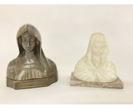 An alabaster bust of Madonna 15cm, together with a Bronze bust of Maurice Bouval, 18cm.