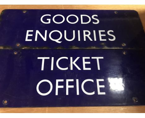 Two blue enamel Railway signs goods Enquiries and ticket office. 45 cm by 15 cm