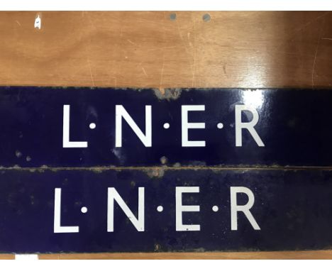 Two blue enamel railway signs L.N.E.R 70 cm by 15 cm .
