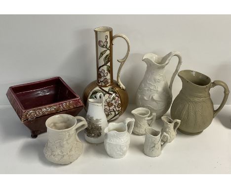 A collection of Victorian pottery items including Parian ware, Wardle pottery planter, aesthetic period long necked ewer toge