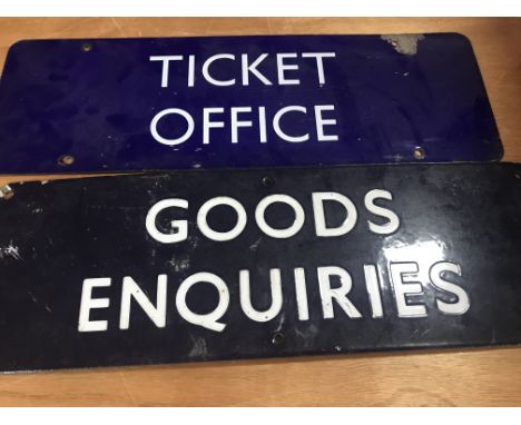 Two enamel railway signs Ticket office and goods Enquiries. 45 cm by 15 cm .