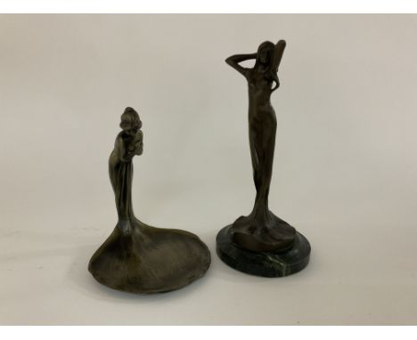 2 Art Noveau bronze lady figurines. 17cm/23cm.