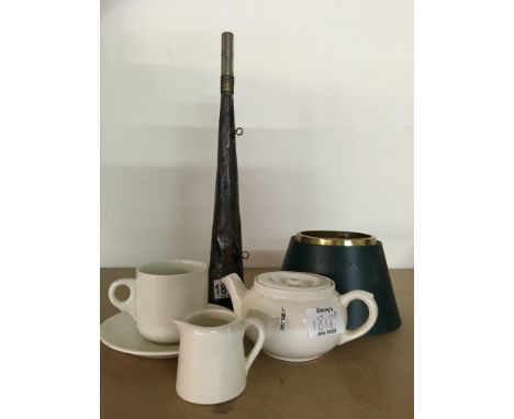 A collection of railway items including LNER teapot, milk jug and sugar bowl together with lampshade and horn