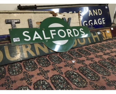 A green and enamel Railway target sign Salfordâ€™s 73 cm x 33 cm