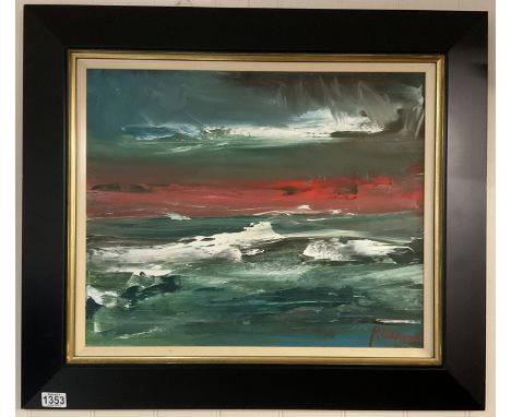 Patricia Cleland Clark, contemporary oil on canvas titled Green Sunset Seascape. , 75 x 64.5cm.