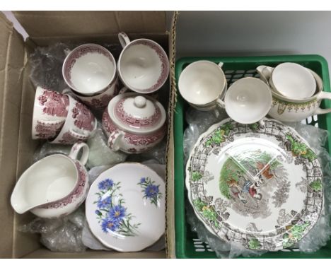 A box and a tray of various ceramics including and Old Willow pattern tea set, Copeland Spode plate etc.