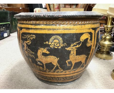Large vintage earthenware planter, oriental Japanese cranes design