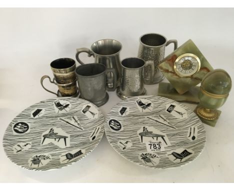 Two Homemaker plates together with pewter tankards, onyx clock and lighter