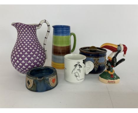 Group lot. 2 Doulton stone ware item, Guinness Christmas toucan, Carlton ware Charles ceramic mug, Goss Multicoloured vase, V