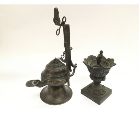 An old bronze table oil lamp,and a small bronze pot and cover (2).