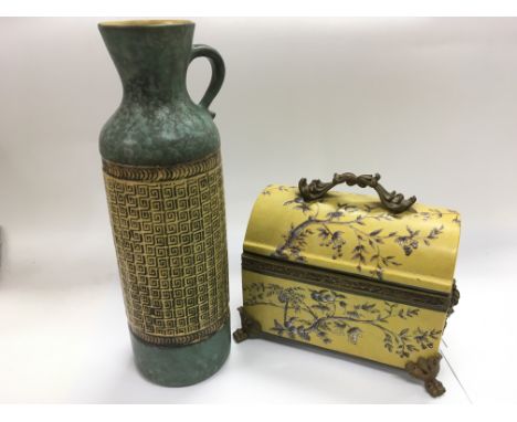 A ceramic box and cover with handpainted decoration of fruiting branches on a yellow ground, approx height 21cm, together wit