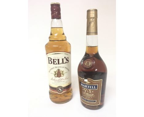 A bottle of 8 year matured Bells Scotch Whisky 1 litter and a bottle of Martell Cognac (2)