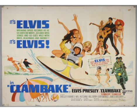 Clambake (1967) British Quad film poster starring Elvis Presley, folded, 30 x 40 inches.      Some staining.