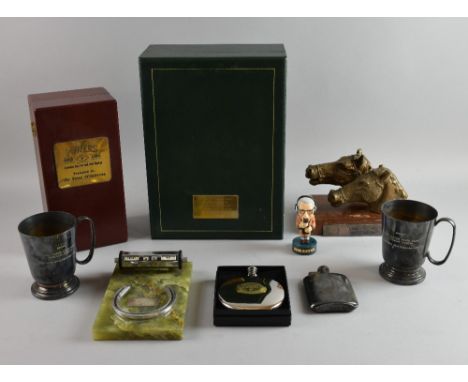 Sir Peter O'Sullevan - Collection of personal items including engraved hip flask, one for Jameson Grand National 1990, empty 