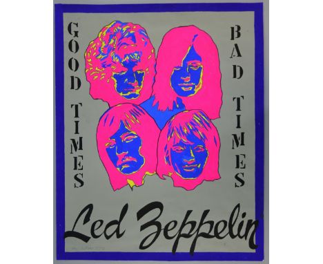 Led Zeppelin - 'Good Times Bad Times' original painted artwork by John Judkins, signed & dated 1972, flat, 24.25 x 19.5 inche