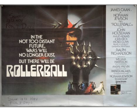 Rollerball (1975) British Quad film poster, starring James Caan & Maud Adams, Bob Peak art, folded, 30 x 40 inches.      