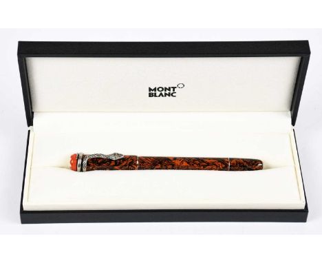 MONTBLANC; an unused Heritage red and black serpent marble special edition rollerball pen, box and paperwork.