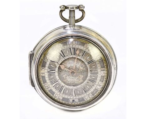 HARMAR OF LONDON; an 18th century silver pair cased pocket watch, the dial set with Arabic numerals and engraved 'Harmar, Lon